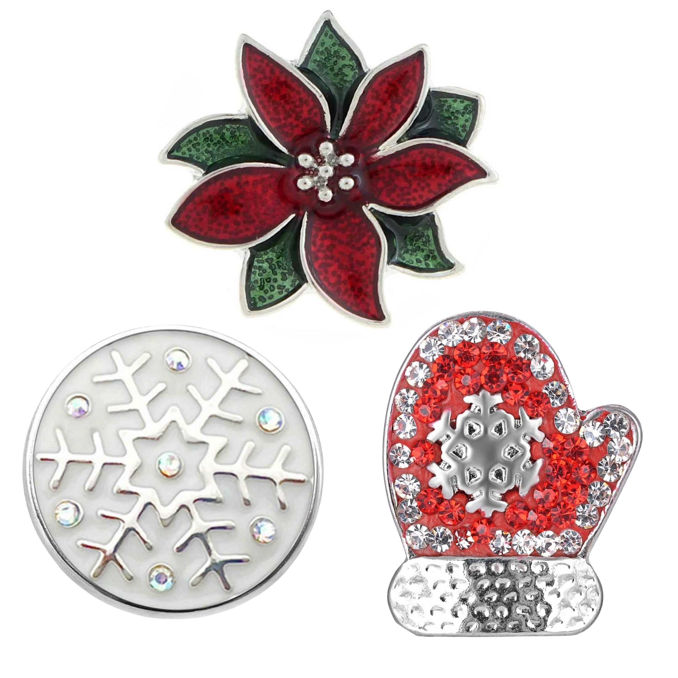 Snap Jewelry 3 Snap - Christmas Poinsettia, Snowflake, Mitten, 18MM Ginger Charm